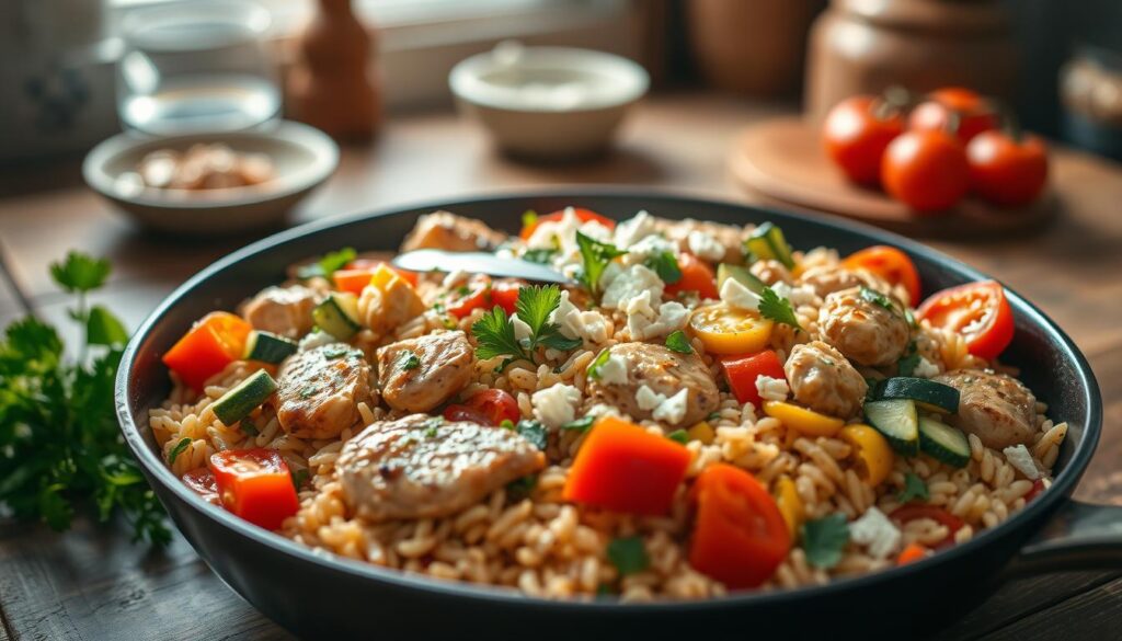 orzo skillet with chicken and veggies
