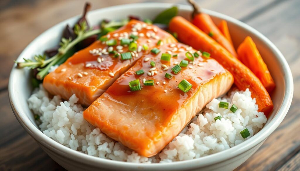 Healthy Salmon Rice Bowl with Roasted Carrots