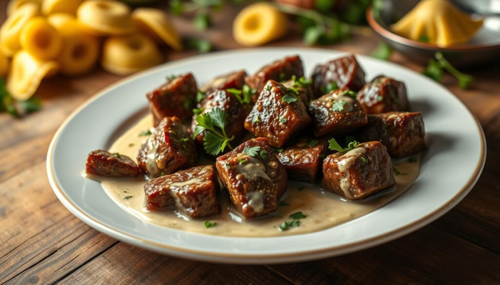 peppery steak bites in creamy garlic sauce