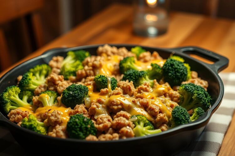 Low Carb Cheesy Ground Turkey & Broccoli Skillet