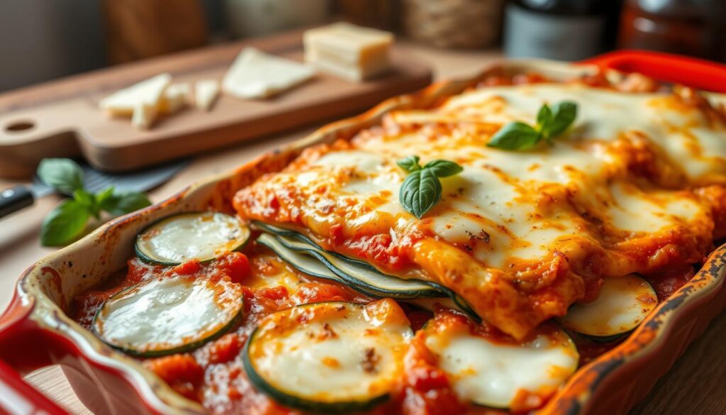 Low-carb zucchini lasagna bake with cheese layers