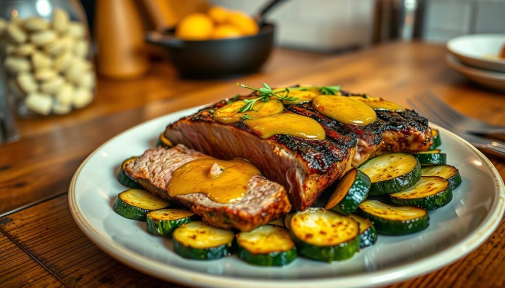 easy keto dinner with garlic butter steak and zucchini