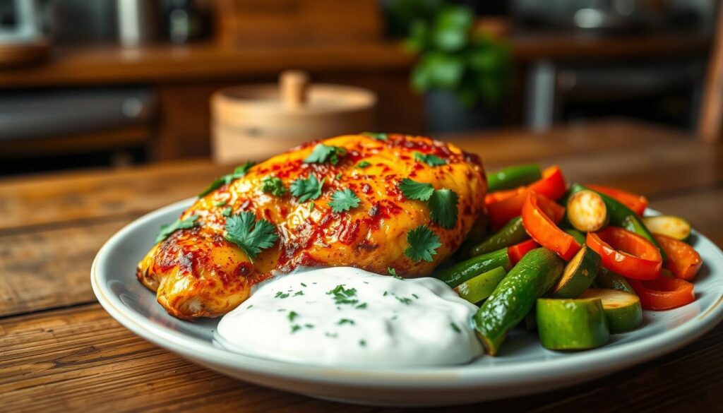 easy keto dinner with harissa roasted chicken and garlic yogurt sauce