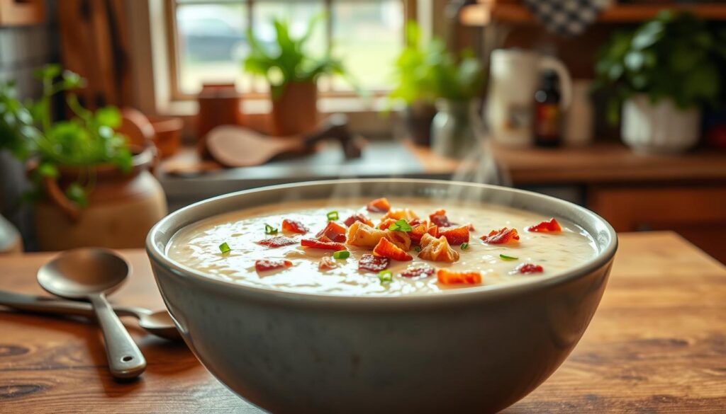 keto creamy bacon ranch soup with bacon bits and herbs