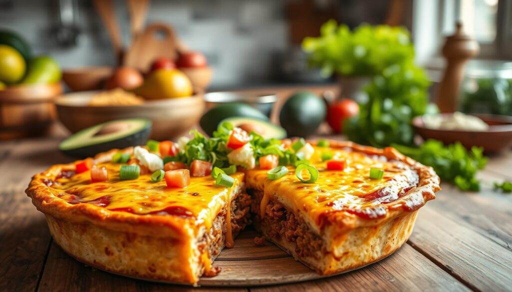 keto taco pie with melted cheese and fresh toppings